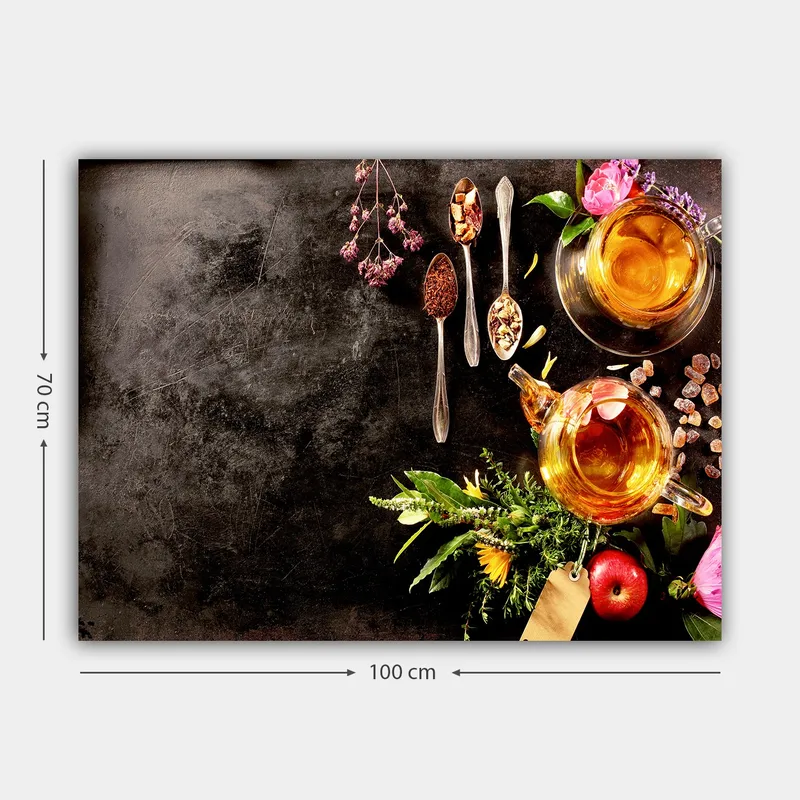 Lerretsbilde 70x100 cm - Fredelig komposisjon med te, krydder og blomster som skaper en innbydende atmosfære - Gull / Grønn / Rosa - Interiør - Maleri & posters - Lerretsbilder