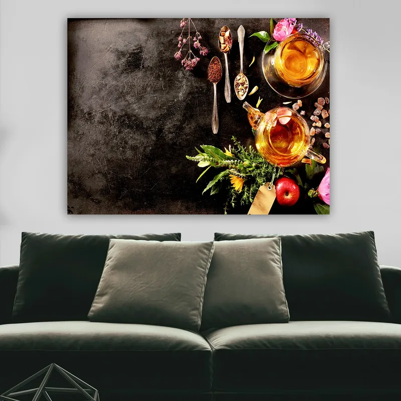 Lerretsbilde 70x100 cm - Fredelig komposisjon med te, krydder og blomster som skaper en innbydende atmosfære - Gull / Grønn / Rosa - Interiør - Maleri & posters - Lerretsbilder