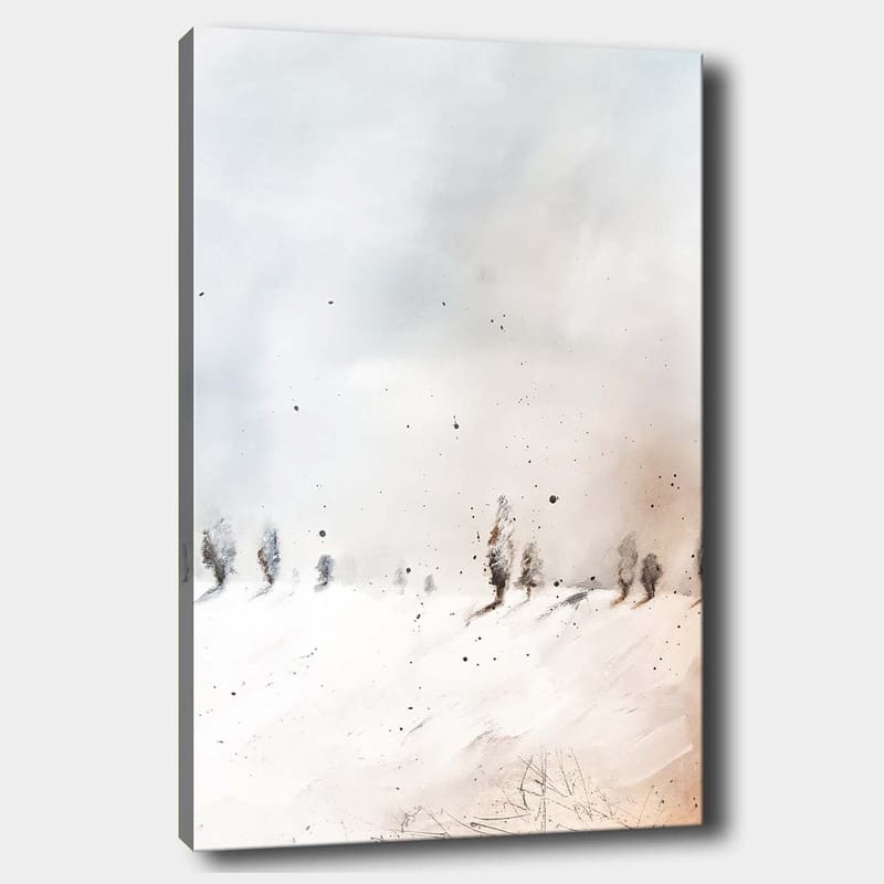 Lerretsbilde 70x100 cm - Fredelig vinterlandskap med snødekte trær i det fjerne - Lys blå / Hvit / Beige - Interiør - Maleri & posters - Lerretsbilder