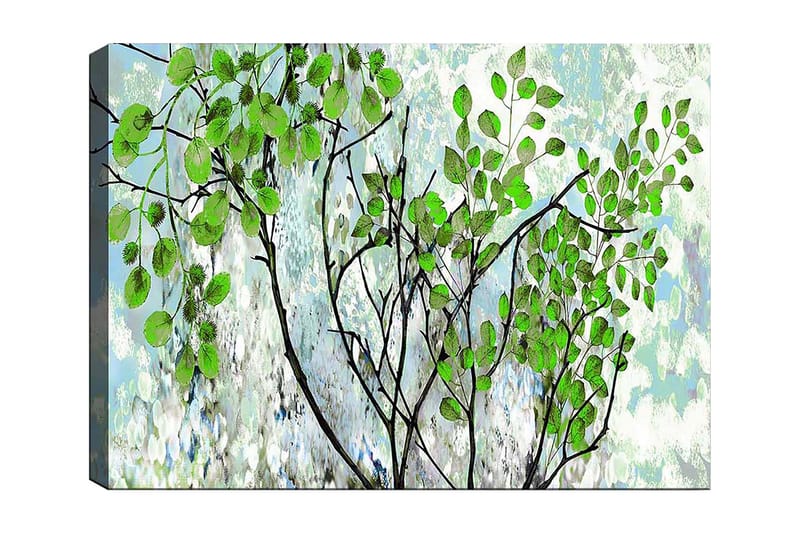 Lerretsbilde 70x100 cm - Frodige grener med fargerike blader i en harmonisk komposisjon, Grønn / Svart / Lys blå