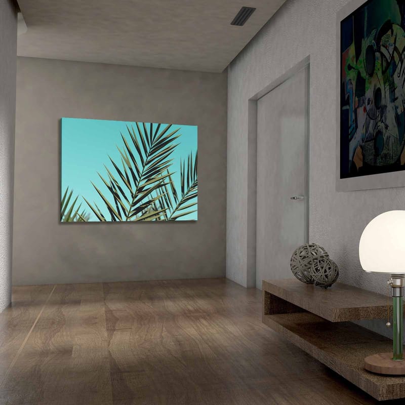 Lerretsbilde 70x100 cm - Frodige palmeblader mot en klar himmel - Turkis / Mørkegrønn - Interiør - Maleri & posters - Lerretsbilder