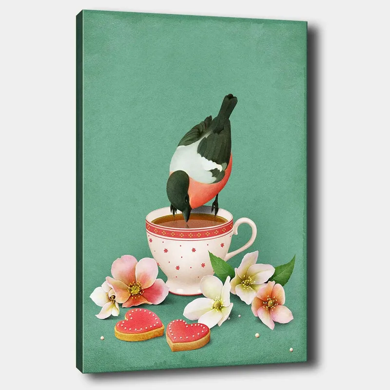 Lerretsbilde 70x100 cm - Fugl som drikker fra en kopp omgitt av blomster og hjerteformede kaker, Grønn / Rosa / Hvit