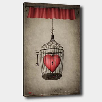 Lerretsbilde 70x100 cm - Fuglebur med et rødt hjerte inni, hengende fra en snor - Rød / Svart / Grå - Interiør - Maleri & posters - Lerretsbilder