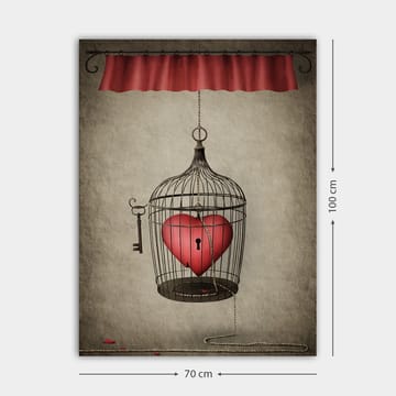 Lerretsbilde 70x100 cm - Fuglebur med et rødt hjerte inni, hengende fra en snor - Rød / Svart / Grå - Interiør - Maleri & posters - Lerretsbilder