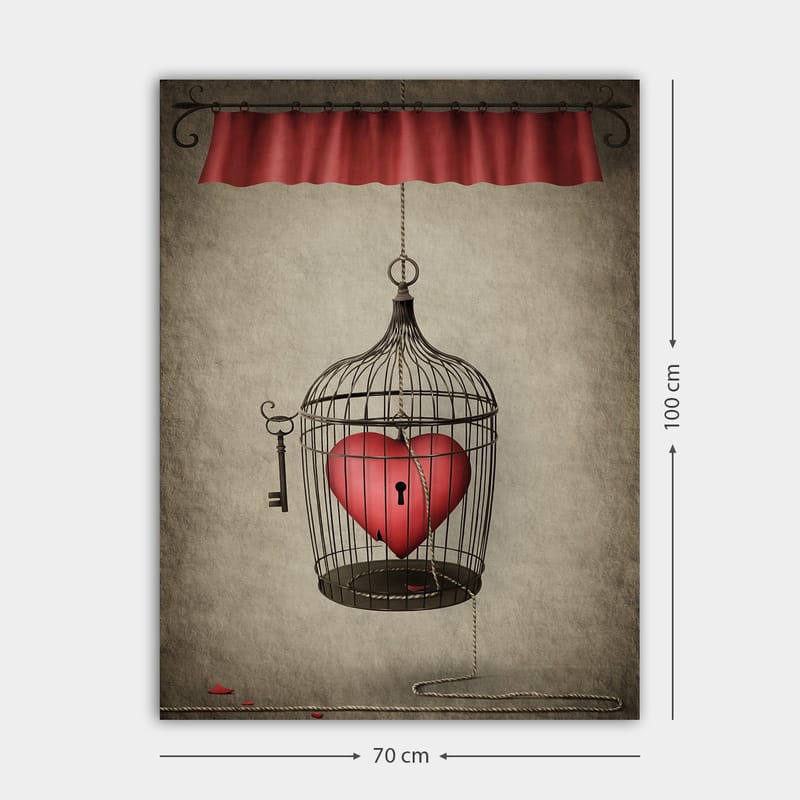 Lerretsbilde 70x100 cm - Fuglebur med et rødt hjerte inni, hengende fra en snor - Rød / Svart / Grå - Interiør - Maleri & posters - Lerretsbilder