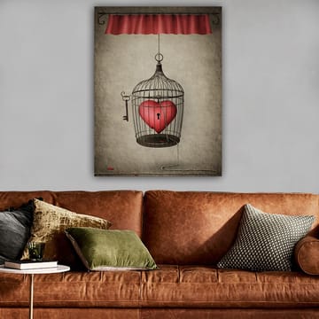Lerretsbilde 70x100 cm - Fuglebur med et rødt hjerte inni, hengende fra en snor - Rød / Svart / Grå - Interiør - Maleri & posters - Lerretsbilder