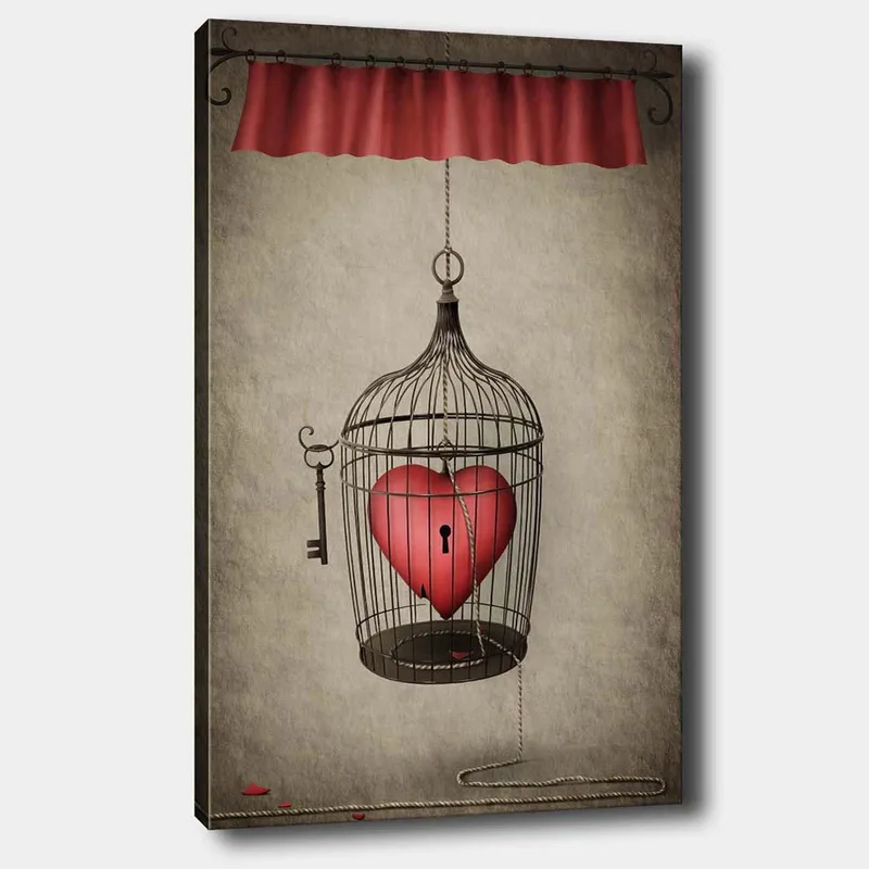 Lerretsbilde 70x100 cm - Fuglebur med et rødt hjerte inni, hengende fra en snor, Rød / Svart / Grå