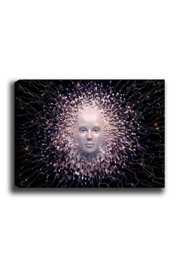 Lerretsbilde 70x100 cm - Futuristisk ansiktsmaske omgitt av en strålende aura av geometriske former - Lys rosa / Hvit / Svart - Interiør - Maleri & posters - Lerretsbilder