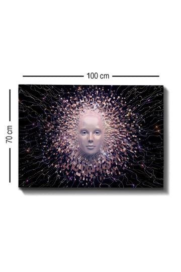 Lerretsbilde 70x100 cm - Futuristisk ansiktsmaske omgitt av en strålende aura av geometriske former - Lys rosa / Hvit / Svart - Interiør - Maleri & posters - Lerretsbilder