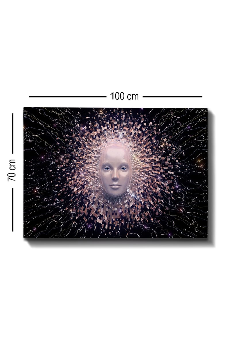 Lerretsbilde 70x100 cm - Futuristisk ansiktsmaske omgitt av en strålende aura av geometriske former - Lys rosa / Hvit / Svart - Interiør - Maleri & posters - Lerretsbilder