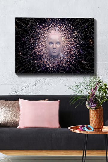 Lerretsbilde 70x100 cm - Futuristisk ansiktsmaske omgitt av en strålende aura av geometriske former - Lys rosa / Hvit / Svart - Interiør - Maleri & posters - Lerretsbilder