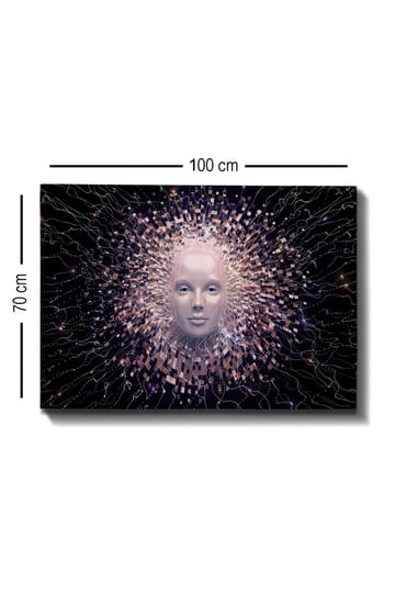 Lerretsbilde 70x100 cm - Futuristisk ansiktsmaske omgitt av en strålende aura av geometriske former - Lys rosa / Hvit / Svart - Interiør - Maleri & posters - Lerretsbilder