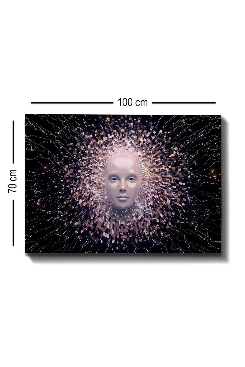 Lerretsbilde 70x100 cm - Futuristisk ansiktsmaske omgitt av en strålende aura av geometriske former - Lys rosa / Hvit / Svart - Interiør - Maleri & posters - Lerretsbilder