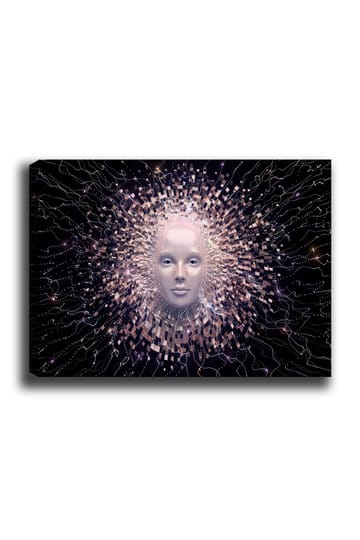 Lerretsbilde 70x100 cm - Futuristisk ansiktsmaske omgitt av en strålende aura av geometriske former - Lys rosa / Hvit / Svart - Interiør - Maleri & posters - Lerretsbilder