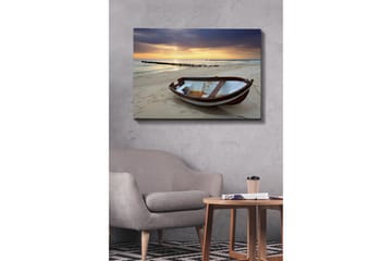 Lerretsbilde 70x100 cm - Gammel båt på en strand ved solnedgang - Brun / Blå / Hvit - Interiør - Maleri & posters - Lerretsbilder