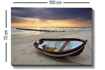 Lerretsbilde 70x100 cm - Gammel båt på en strand ved solnedgang - Brun / Blå / Hvit - Interiør - Maleri & posters - Lerretsbilder