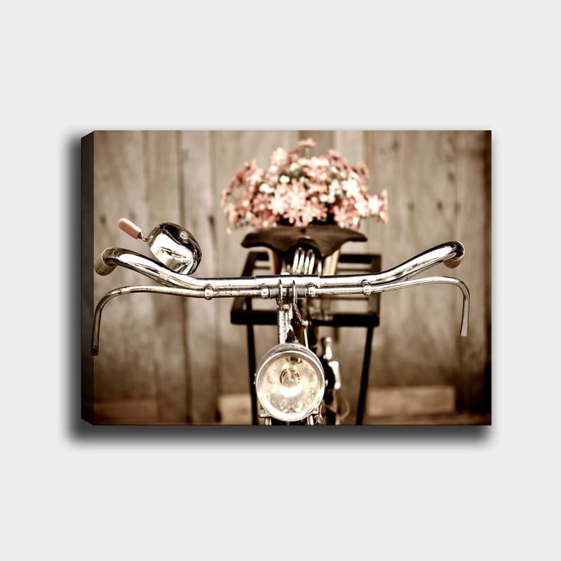 Lerretsbilde 70x100 cm - Gammeldags sykkel med blomster i kurven, Sølv / Rosa / Svart