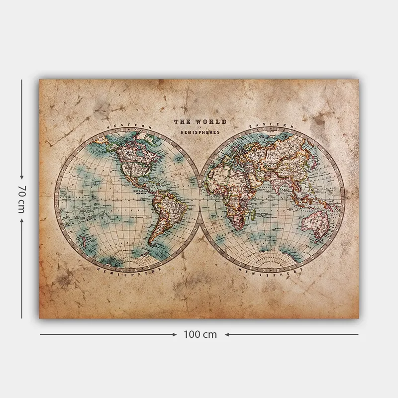 Lerretsbilde 70x100 cm - Gammeldags verdenskart med to halvkuler som viser kontinenter og hav - Blå / Brun / Beige - Interiør - Maleri & posters - Lerretsbilder