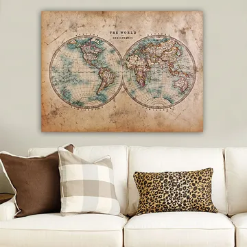 Lerretsbilde 70x100 cm - Gammeldags verdenskart med to halvkuler som viser kontinenter og hav - Blå / Brun / Beige - Interiør - Maleri & posters - Lerretsbilder