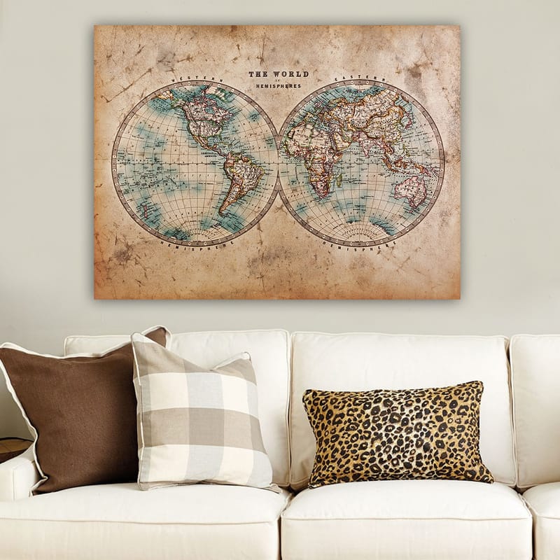 Lerretsbilde 70x100 cm - Gammeldags verdenskart med to halvkuler som viser kontinenter og hav - Blå / Brun / Beige - Interiør - Maleri & posters - Lerretsbilder