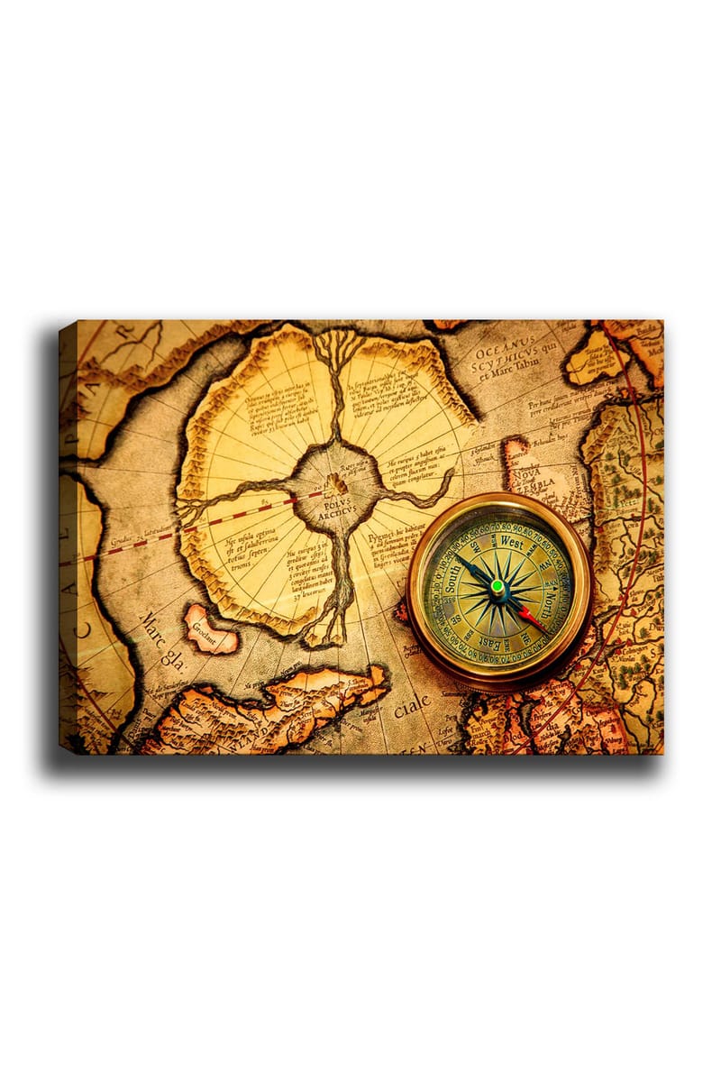 Lerretsbilde 70x100 cm - Gammelt kart med kompass som hovedmotiv, Gull / Brun / Beige