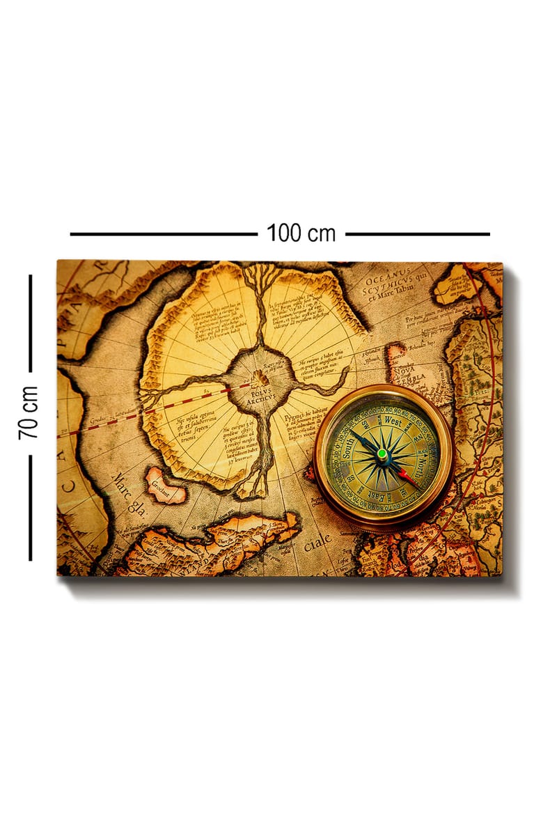 Lerretsbilde 70x100 cm - Gammelt kart med kompass som hovedmotiv - Gull / Brun / Beige - Interiør - Maleri & posters - Lerretsbilder