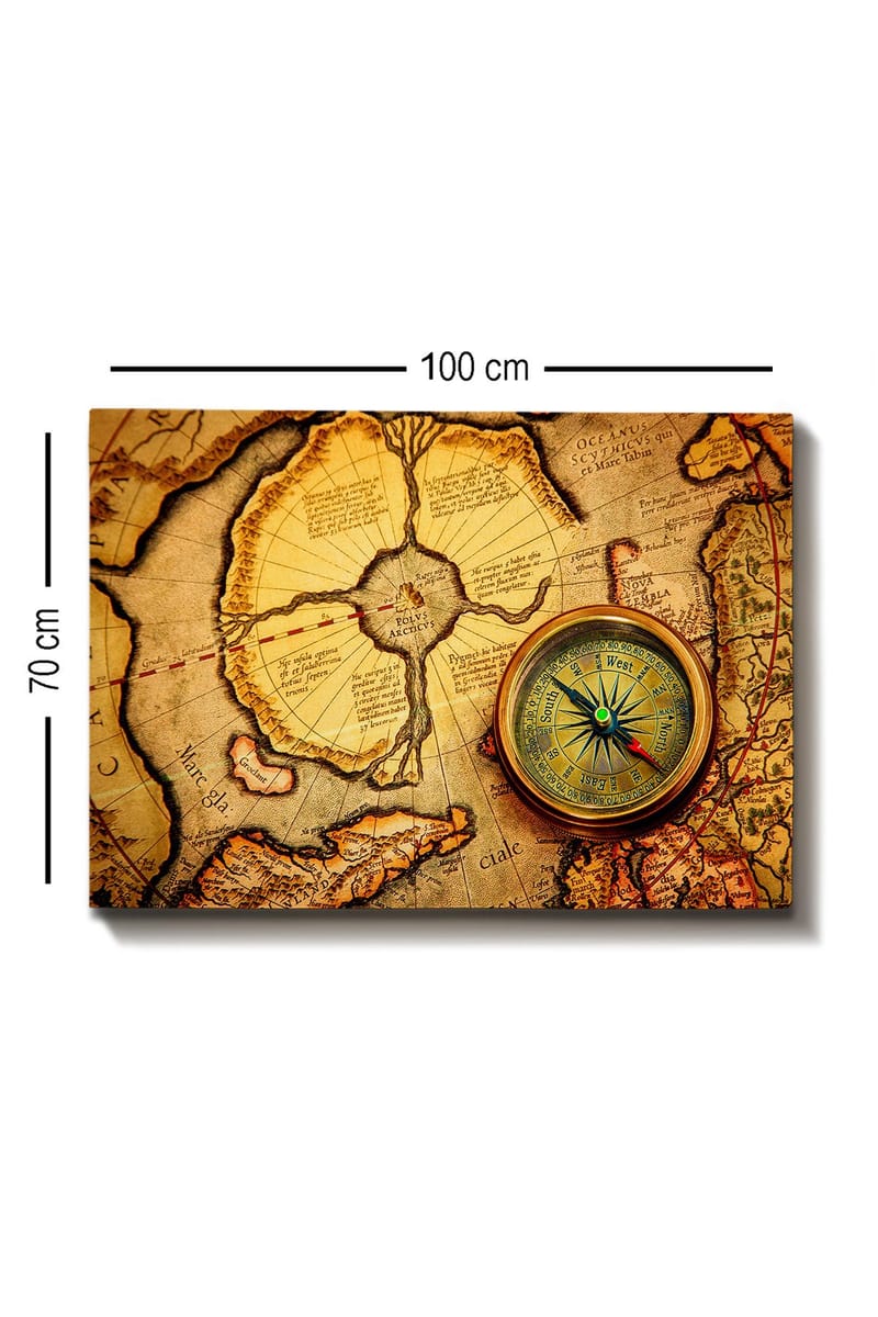 Lerretsbilde 70x100 cm - Gammelt kart med kompass som hovedmotiv - Gull / Brun / Beige - Interiør - Maleri & posters - Lerretsbilder