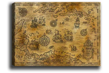 Lerretsbilde 70x100 cm - Gammelt sjøkart med detaljerte illustrasjoner av skip og navigasjonssymboler - Gull / Brun - Interiør - Maleri & posters - Lerretsbilder