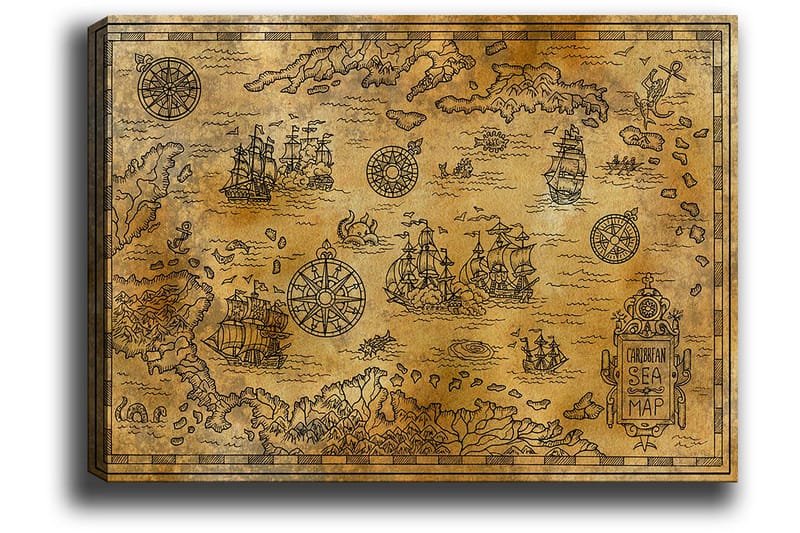 Lerretsbilde 70x100 cm - Gammelt sjøkart med detaljerte illustrasjoner av skip og navigasjonssymboler - Gull / Brun - Interiør - Maleri & posters - Lerretsbilder