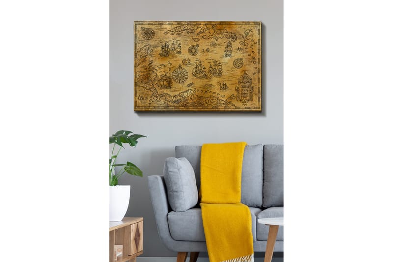 Lerretsbilde 70x100 cm - Gammelt sjøkart med detaljerte illustrasjoner av skip og navigasjonssymboler, Gull / Brun
