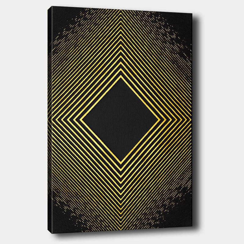 Lerretsbilde 70x100 cm - Geometrisk komposisjon med diagonale linjer som danner en diamant i gull mot svart bakgrunn, Gull / Svart