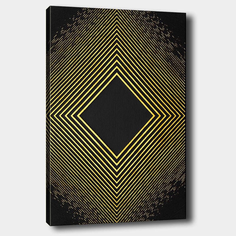 Lerretsbilde 70x100 cm - Geometrisk komposisjon med diagonale linjer som danner en diamant i gull mot svart bakgrunn, Gull / Svart