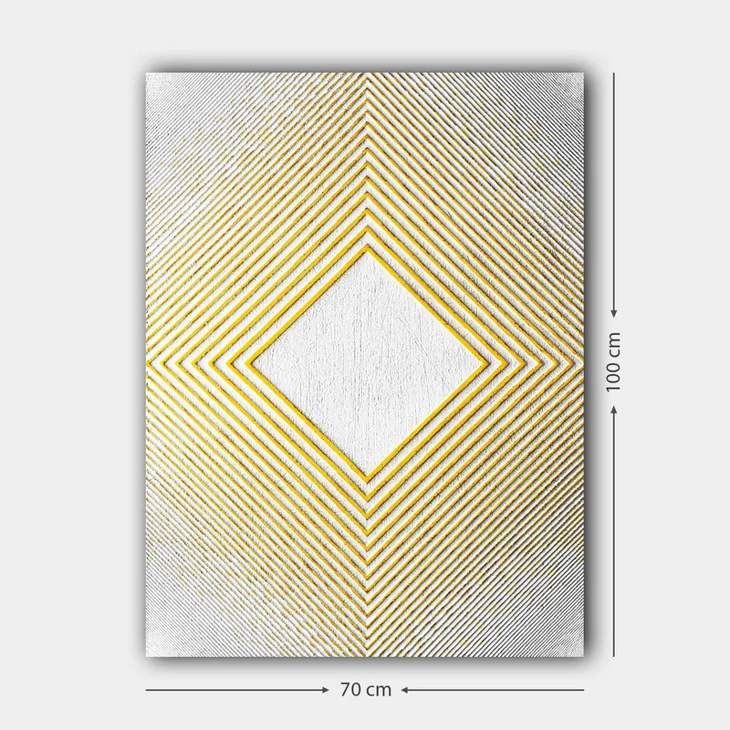 Lerretsbilde 70x100 cm - Geometrisk komposisjon med en sentral rombeformet struktur omgitt av linjer i forskjellige retninger - Gul / Hvit / Grå - Interiør - Maleri & posters - Lerretsbilder