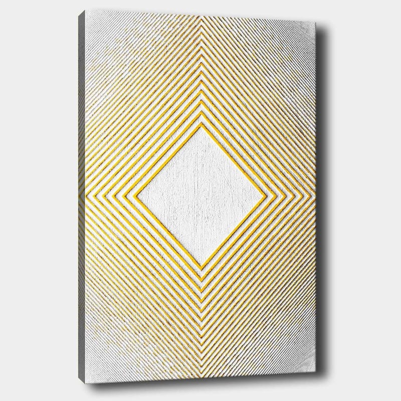 Lerretsbilde 70x100 cm - Geometrisk komposisjon med en sentral rombeformet struktur omgitt av linjer i forskjellige retninger, Gul / Hvit / Grå