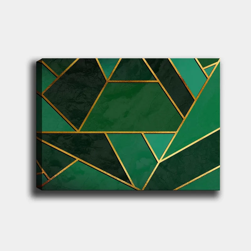 Lerretsbilde 70x100 cm - Geometriske former i forskjellige nyanser av grønt med gylne linjer, Mørkegrønn / Lysegrønn / Gull