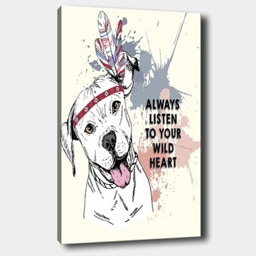 Lerretsbilde 70x100 cm - Glad hund med fjær og et bånd rundt hodet som oppmuntrer deg til å lytte til ditt ville hjerte - Hvit / Rød / Blå - Interiør - Maleri & posters - Lerretsbilder