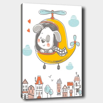 Lerretsbilde 70x100 cm - Glad hund som flyr i et gult helikopter over en by med fargerike hus - Gul / Grå / Blå - Interiør - Maleri & posters - Lerretsbilder