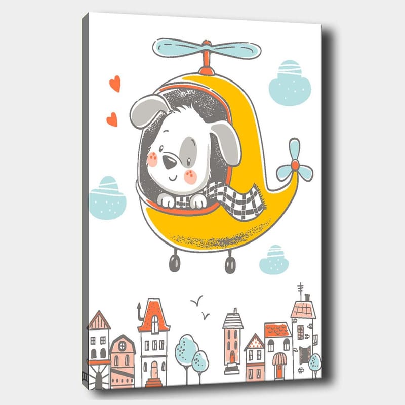 Lerretsbilde 70x100 cm - Glad hund som flyr i et gult helikopter over en by med fargerike hus, Gul / Grå / Blå