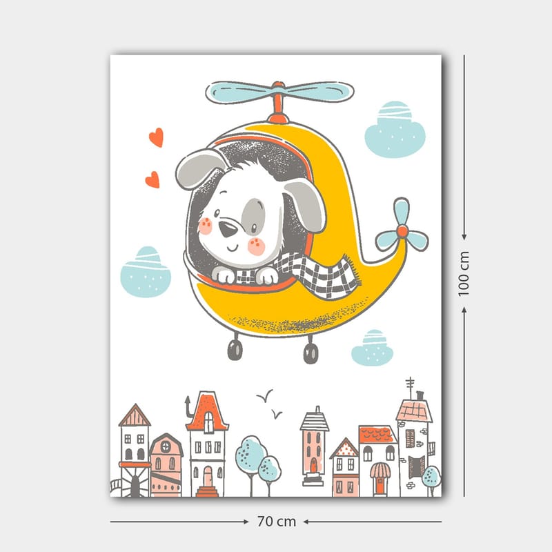Lerretsbilde 70x100 cm - Glad hund som flyr i et gult helikopter over en by med fargerike hus - Gul / Grå / Blå - Interiør - Maleri & posters - Lerretsbilder