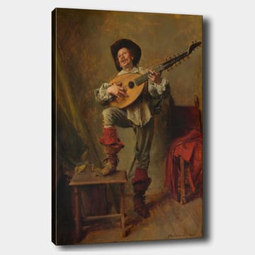 Lerretsbilde 70x100 cm - Glad mann som spiller lutt med en livlig og uttrykksfull positur - Rød / Grønn / Beige - Interiør - Maleri & posters - Lerretsbilder