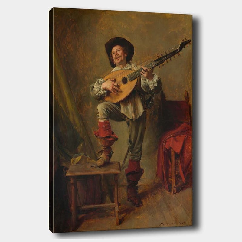 Lerretsbilde 70x100 cm - Glad mann som spiller lutt med en livlig og uttrykksfull positur - Rød / Grønn / Beige - Interiør - Maleri & posters - Lerretsbilder