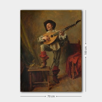 Lerretsbilde 70x100 cm - Glad mann som spiller lutt med en livlig og uttrykksfull positur - Rød / Grønn / Beige - Interiør - Maleri & posters - Lerretsbilder