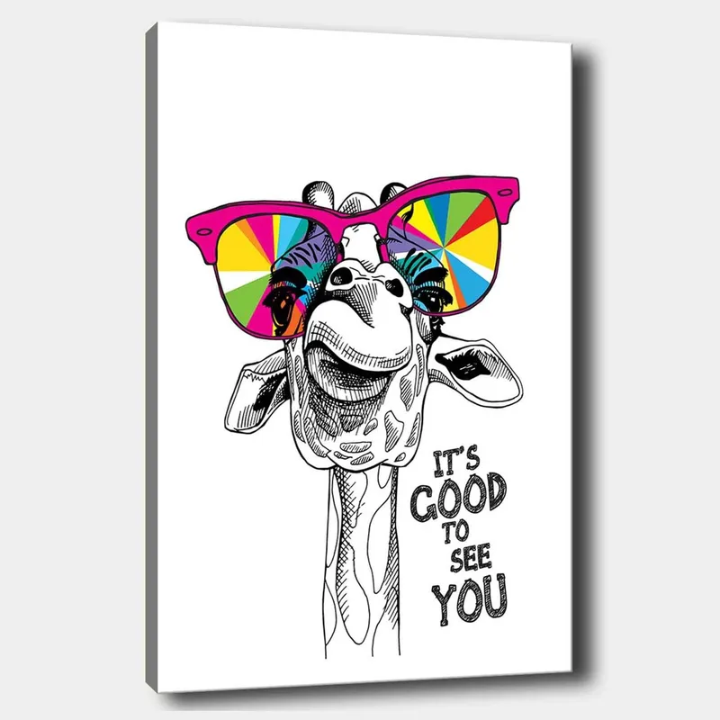 Lerretsbilde 70x100 cm - Glad sjiraff med fargerike solbriller, Rosa / Gul / Grønn