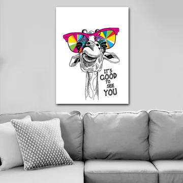 Lerretsbilde 70x100 cm - Glad sjiraff med fargerike solbriller - Rosa / Gul / Grønn - Interiør - Maleri & posters - Lerretsbilder