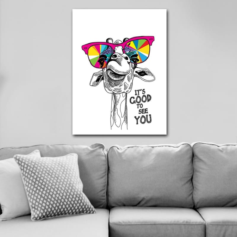 Lerretsbilde 70x100 cm - Glad sjiraff med fargerike solbriller - Rosa / Gul / Grønn - Interiør - Maleri & posters - Lerretsbilder