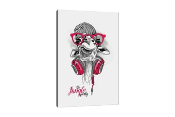 Lerretsbilde 70x100 cm - Glad sjiraff med hodetelefoner og briller, som gir en leken og moderne følelse - Rød / Svart / Hvit - Interiør - Maleri & posters - Lerretsbilder