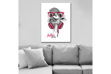 Lerretsbilde 70x100 cm - Glad sjiraff med hodetelefoner og briller, som gir en leken og moderne følelse - Rød / Svart / Hvit - Interiør - Maleri & posters - Lerretsbilder