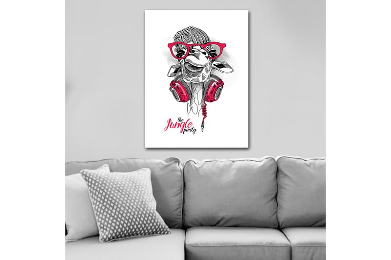 Lerretsbilde 70x100 cm - Glad sjiraff med hodetelefoner og briller, som gir en leken og moderne følelse - Rød / Svart / Hvit - Interiør - Maleri & posters - Lerretsbilder