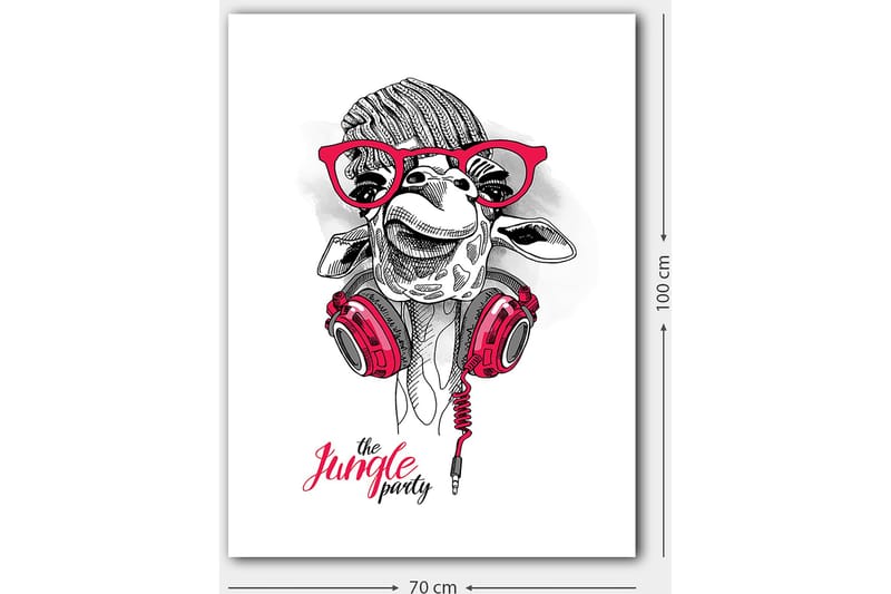 Lerretsbilde 70x100 cm - Glad sjiraff med hodetelefoner og briller, som gir en leken og moderne følelse - Rød / Svart / Hvit - Interiør - Maleri & posters - Lerretsbilder