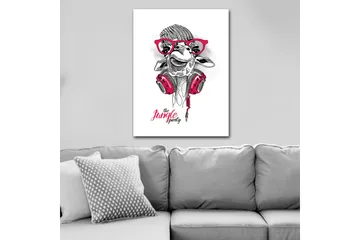 Lerretsbilde 70x100 cm - Glad sjiraff med hodetelefoner og briller, som gir en leken og moderne følelse - Rød / Svart / Hvit - Interiør - Maleri & posters - Lerretsbilder